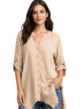 Hester & Orchard Women’s Tencel Oversized Boho Blouse Plus Size Raw Hem 2X New